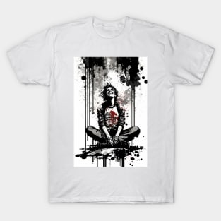 Dejected Man Sitting on The Sidwalk Laughing Maniacally T-Shirt